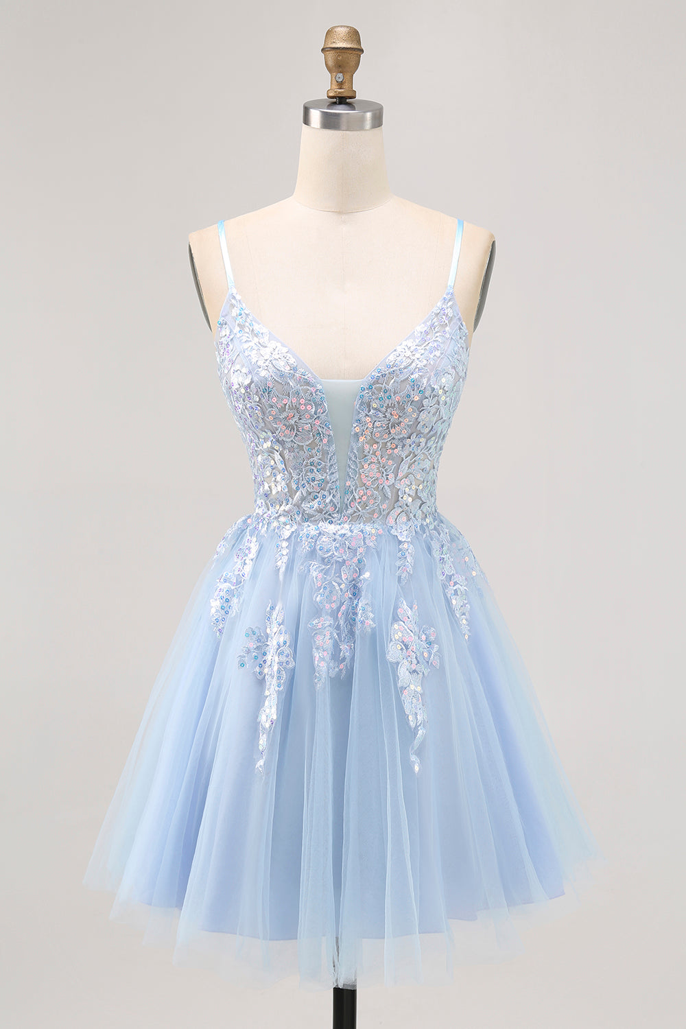 Leely Women Sparkly Blue Short Homecoming Dress with Sequins Tulle A Line Spaghetti Straps Criss Crossed Back Cocktail Dress with Beading