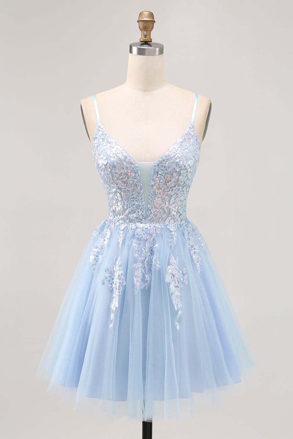 Leely Women Sparkly Blue Short Homecoming Dress with Sequins Tulle A Line Spaghetti Straps Criss Crossed Back Cocktail Dress with Beading