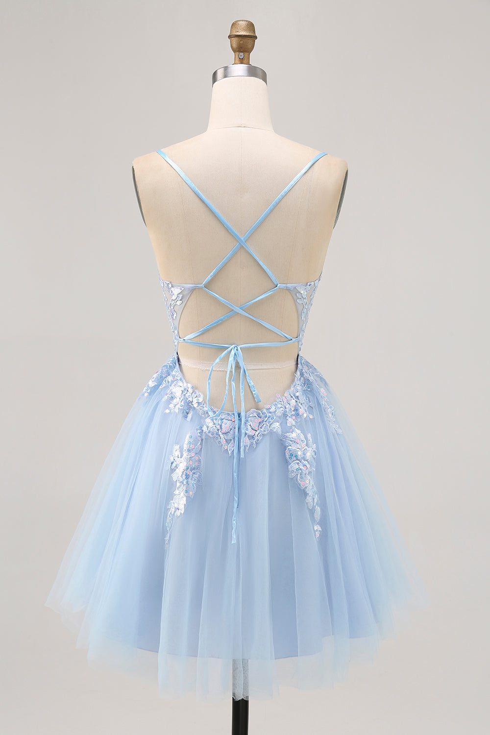 Sparkly Blue Tulle A Line Short Criss Cross Back Homecoming Dress with Sequins