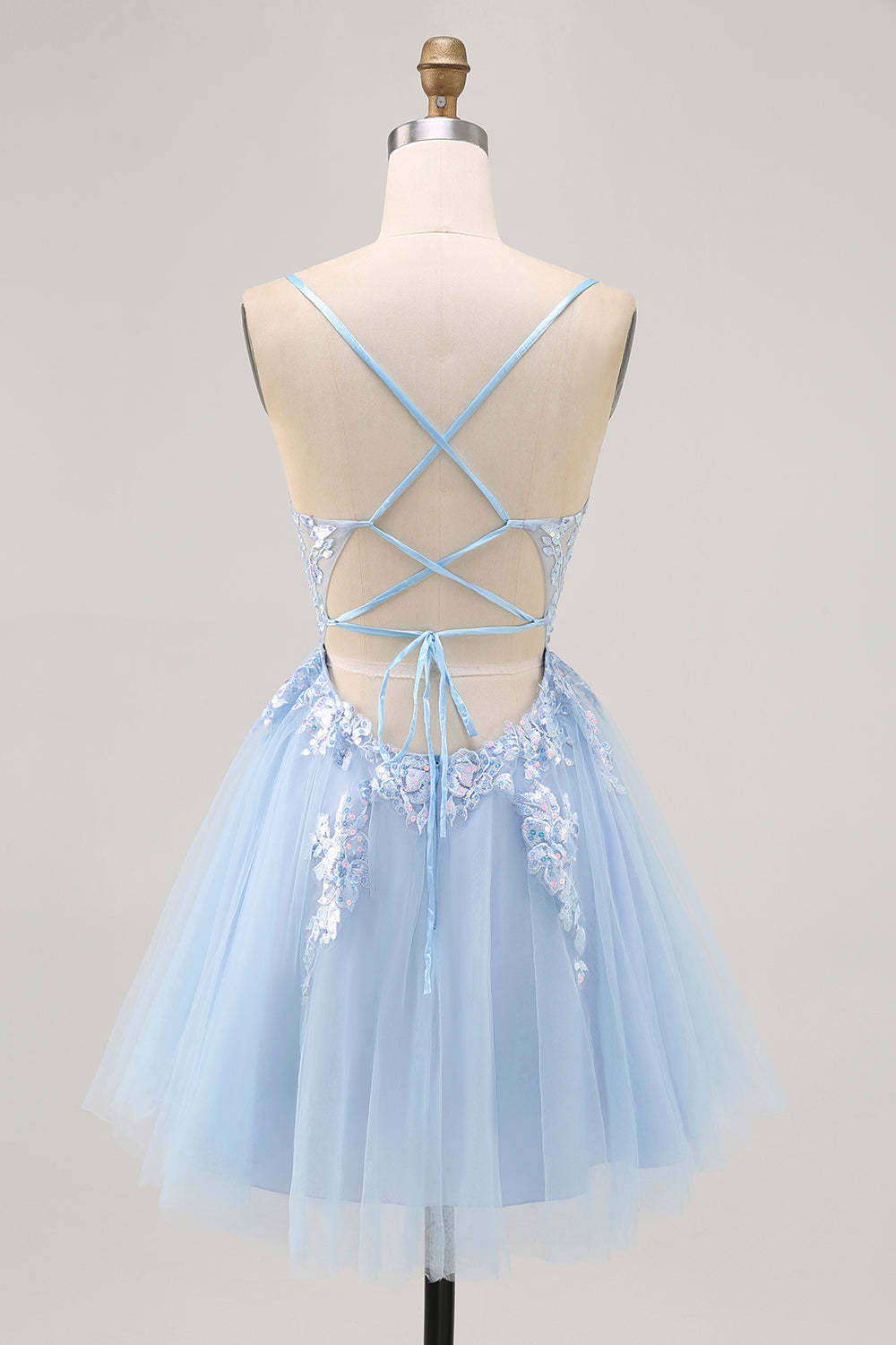 Sparkly Blue Tulle A Line Short Criss Cross Back Homecoming Dress with Sequins