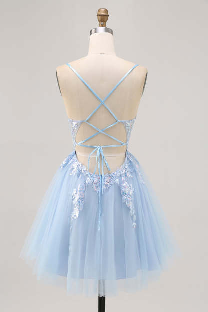 Sparkly Blue Tulle A Line Short Criss Cross Back Homecoming Dress with Sequins