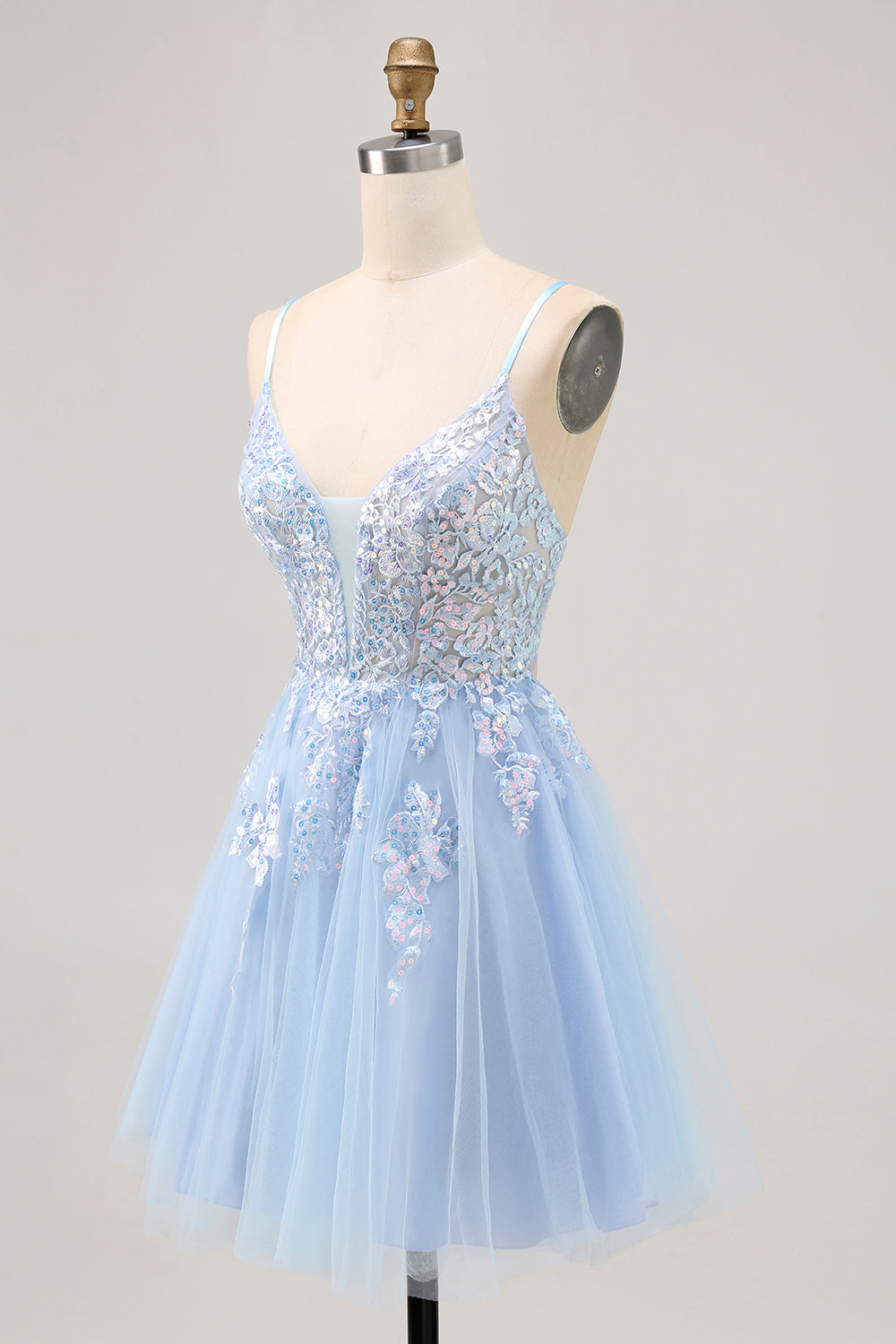Sparkly Blue Tulle A Line Short Criss Cross Back Homecoming Dress with Sequins