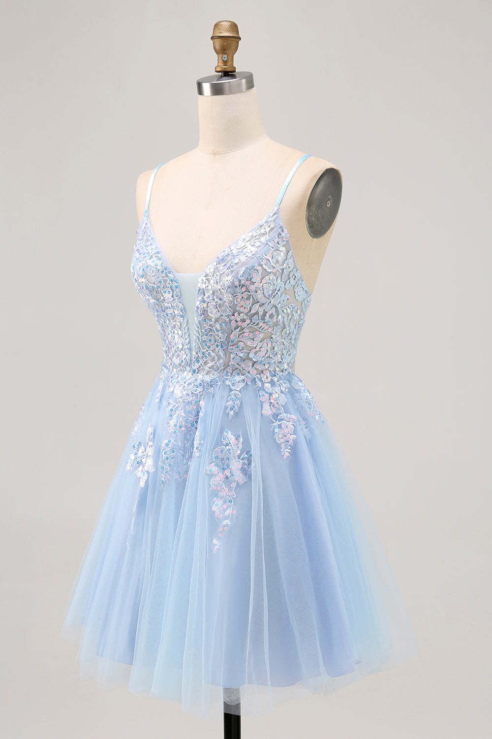 Sparkly Blue Tulle A Line Short Criss Cross Back Homecoming Dress with Sequins