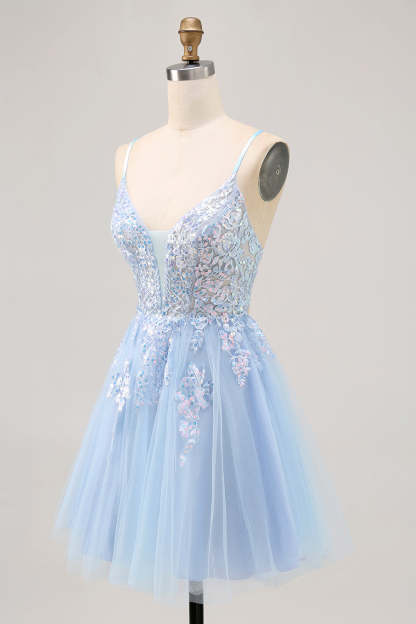 Sparkly Blue Tulle A Line Short Criss Cross Back Homecoming Dress with Sequins