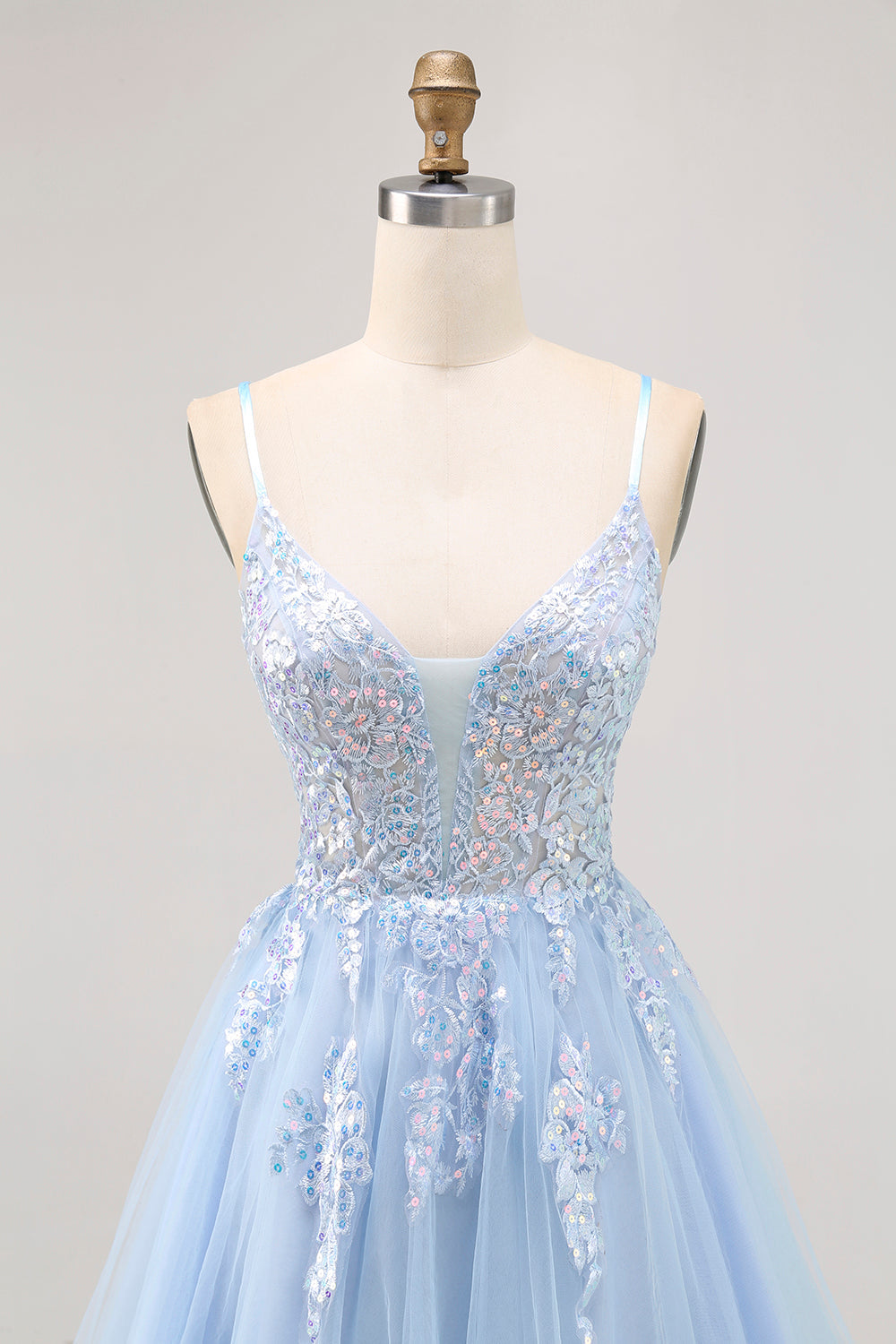 Sparkly Blue Tulle A Line Short Criss Cross Back Homecoming Dress with Sequins