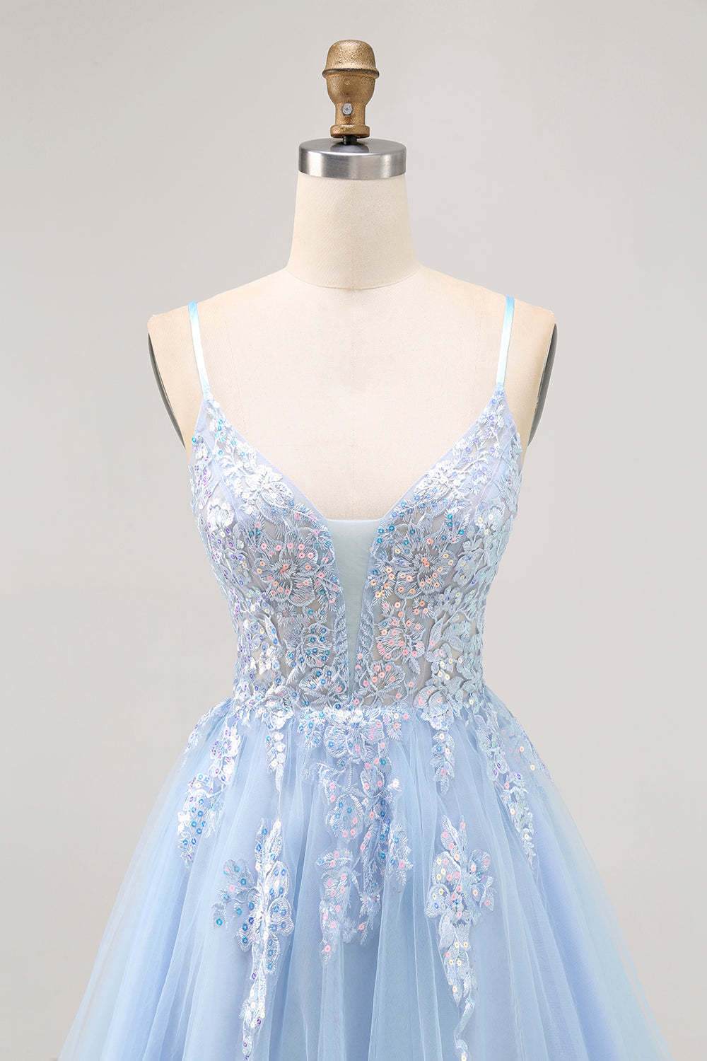 Sparkly Blue Tulle A Line Short Criss Cross Back Homecoming Dress with Sequins