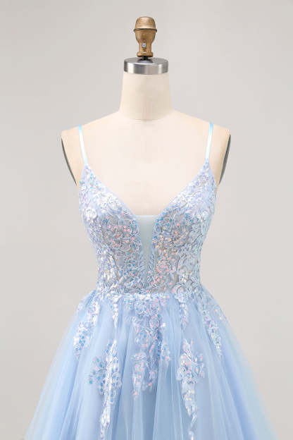 Sparkly Blue Tulle A Line Short Criss Cross Back Homecoming Dress with Sequins