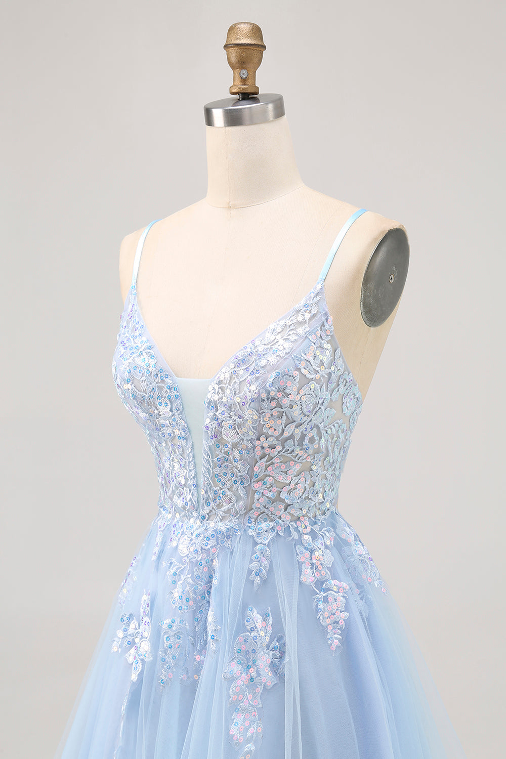 Sparkly Blue Tulle A Line Short Criss Cross Back Homecoming Dress with Sequins