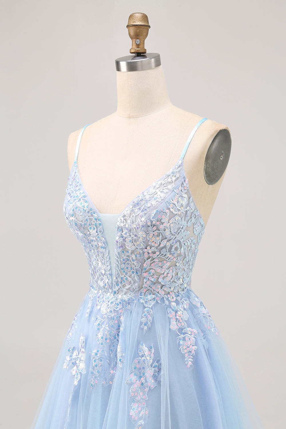 Sparkly Blue Tulle A Line Short Criss Cross Back Homecoming Dress with Sequins