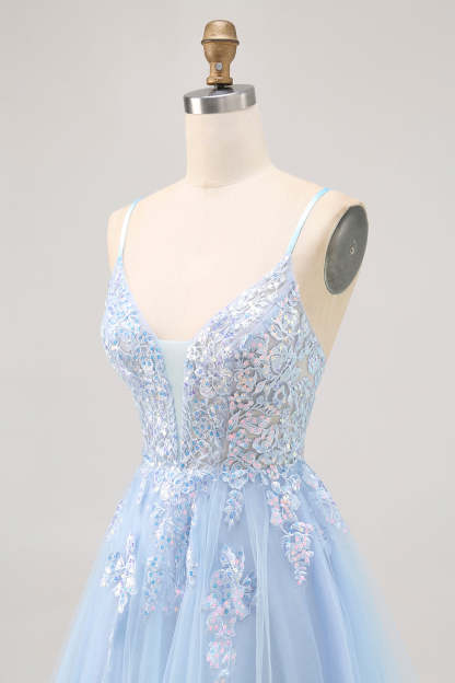 Sparkly Blue Tulle A Line Short Criss Cross Back Homecoming Dress with Sequins