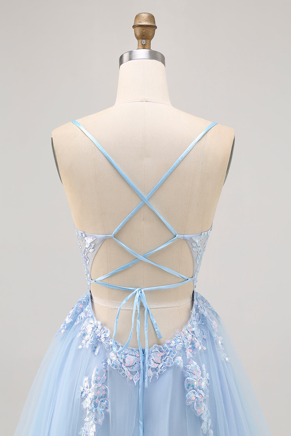 Sparkly Blue Tulle A Line Short Criss Cross Back Homecoming Dress with Sequins