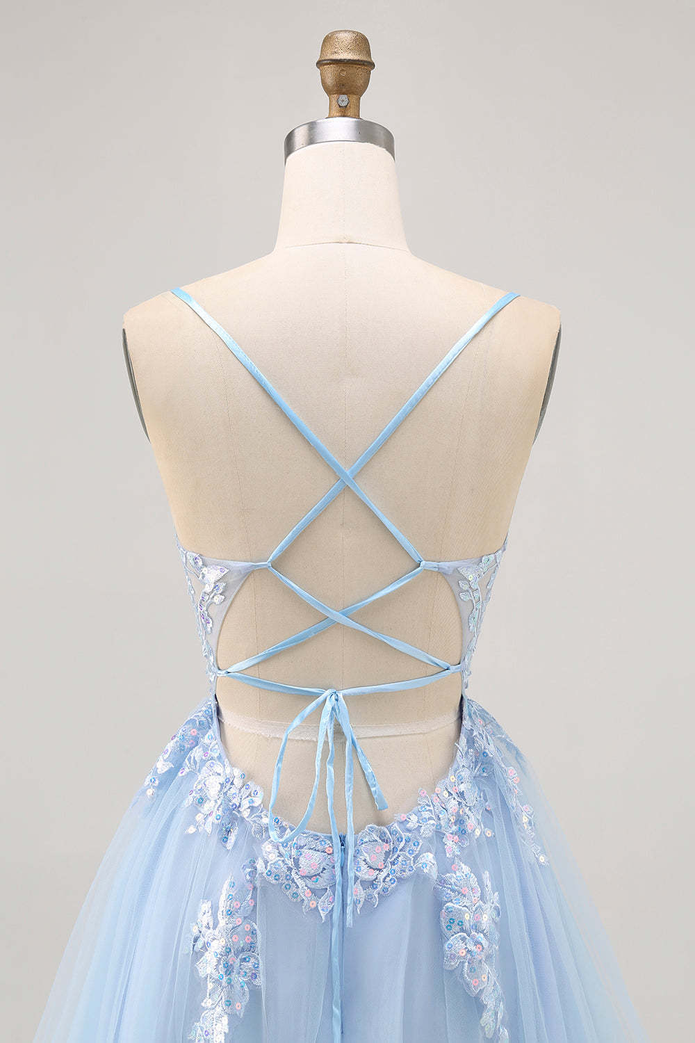 Sparkly Blue Tulle A Line Short Criss Cross Back Homecoming Dress with Sequins