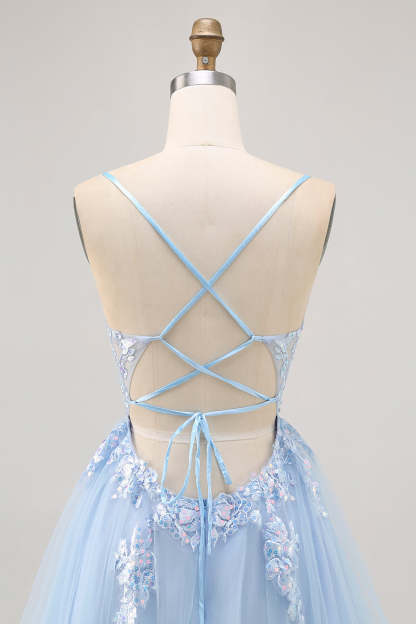 Sparkly Blue Tulle A Line Short Criss Cross Back Homecoming Dress with Sequins