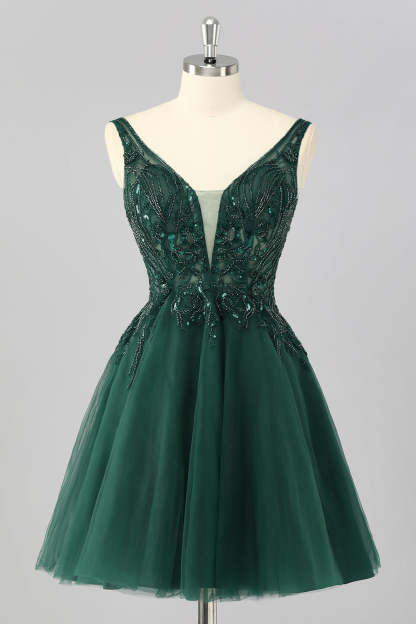 Leely Women Sparkly Dark Green Short Homecoming Dress with Beading Tulle A Line Backless Cocktail Dress