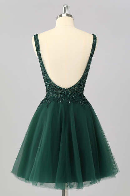 Sparkly Short Dark Green A Line Homecoming Dress with Beading