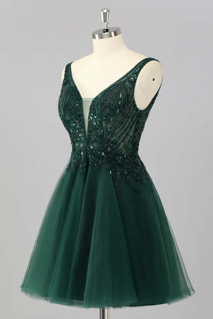 Sparkly Short Dark Green A Line Homecoming Dress with Beading