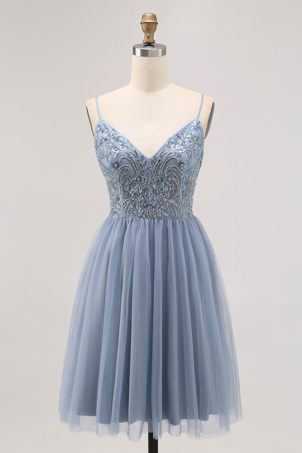 Leely Women Sparkly Grey Blue Tulle Short Homecoming Dress with Beading A Line Spaghetti Straps Pleated Cocktail Dress
