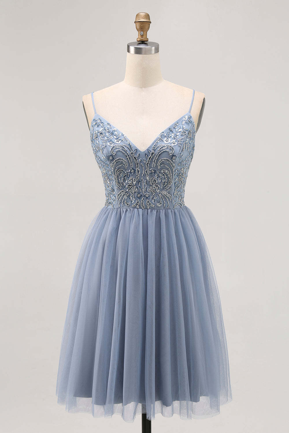 Leely Women Sparkly Grey Blue Tulle Short Homecoming Dress with Beading A Line Spaghetti Straps Pleated Cocktail Dress