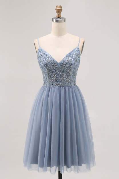 Leely Women Sparkly Grey Blue Tulle Short Homecoming Dress with Beading A Line Spaghetti Straps Pleated Cocktail Dress