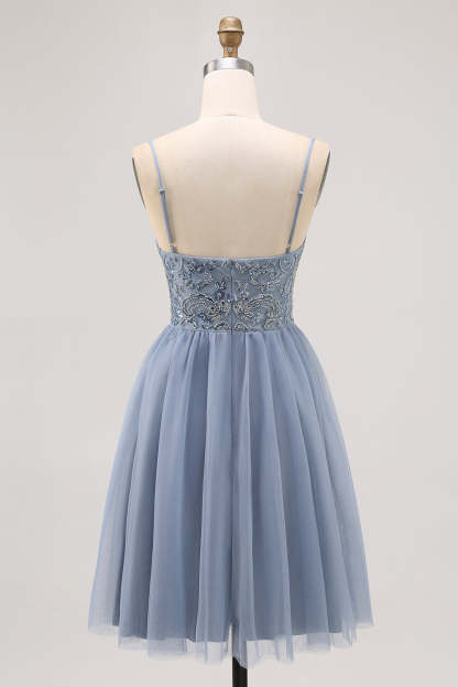 Sparkly Grey Blue Tulle A Line Pleated Short Homecoming Dress with Beading
