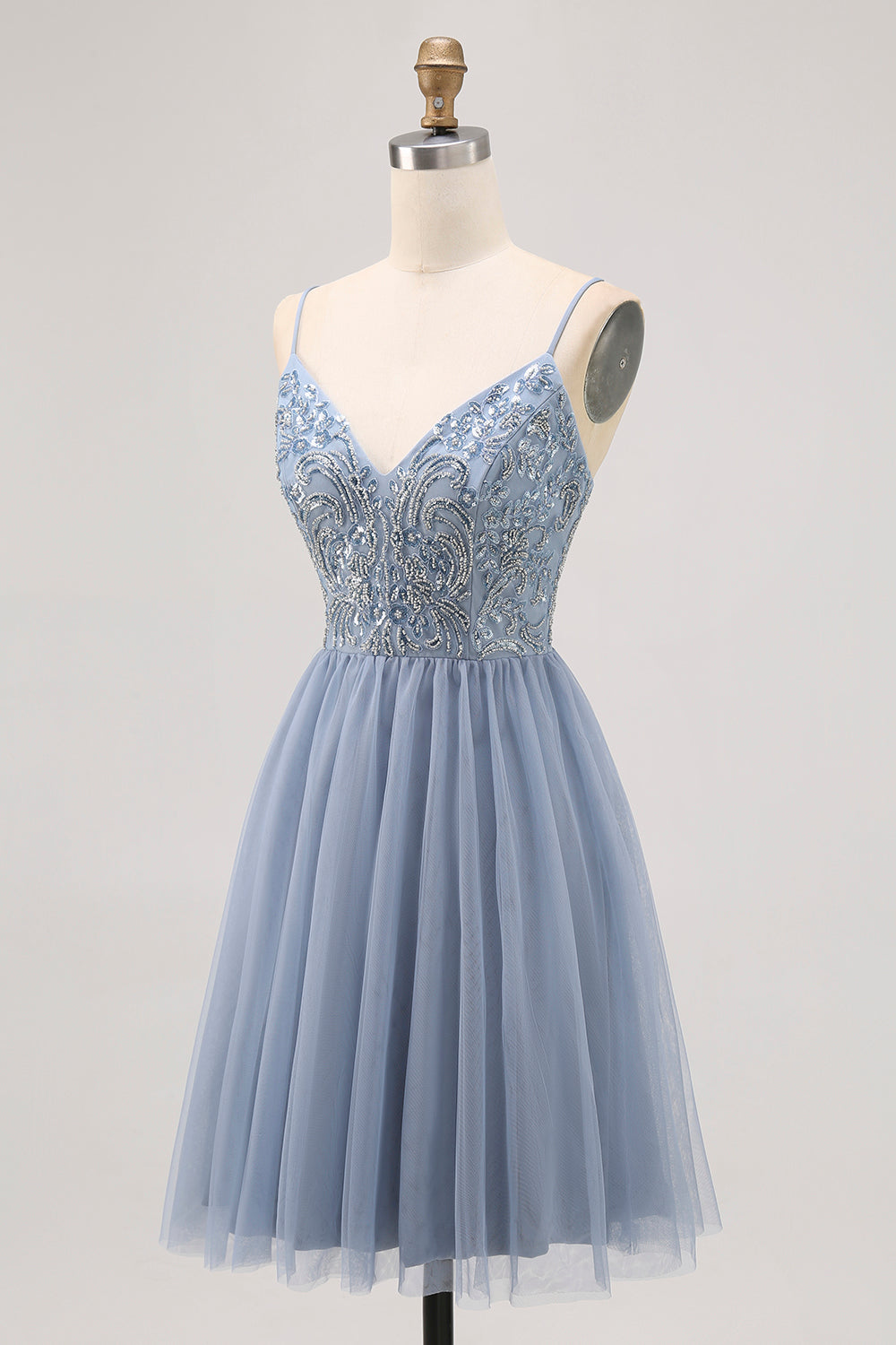 Sparkly Grey Blue Tulle A Line Pleated Short Homecoming Dress with Beading