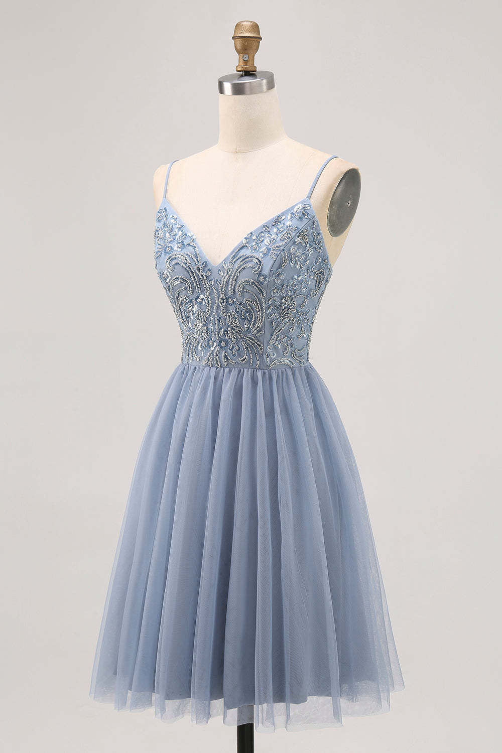 Sparkly Grey Blue Tulle A Line Pleated Short Homecoming Dress with Beading