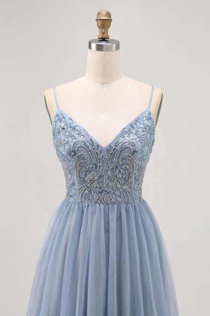 Sparkly Grey Blue Tulle A Line Pleated Short Homecoming Dress with Beading