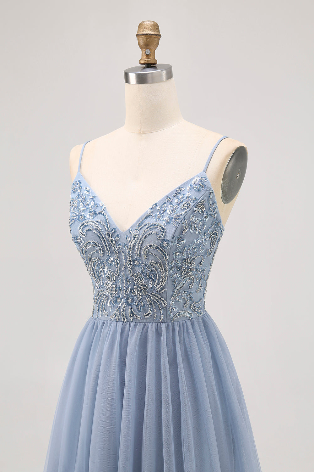Sparkly Grey Blue Tulle A Line Pleated Short Homecoming Dress with Beading