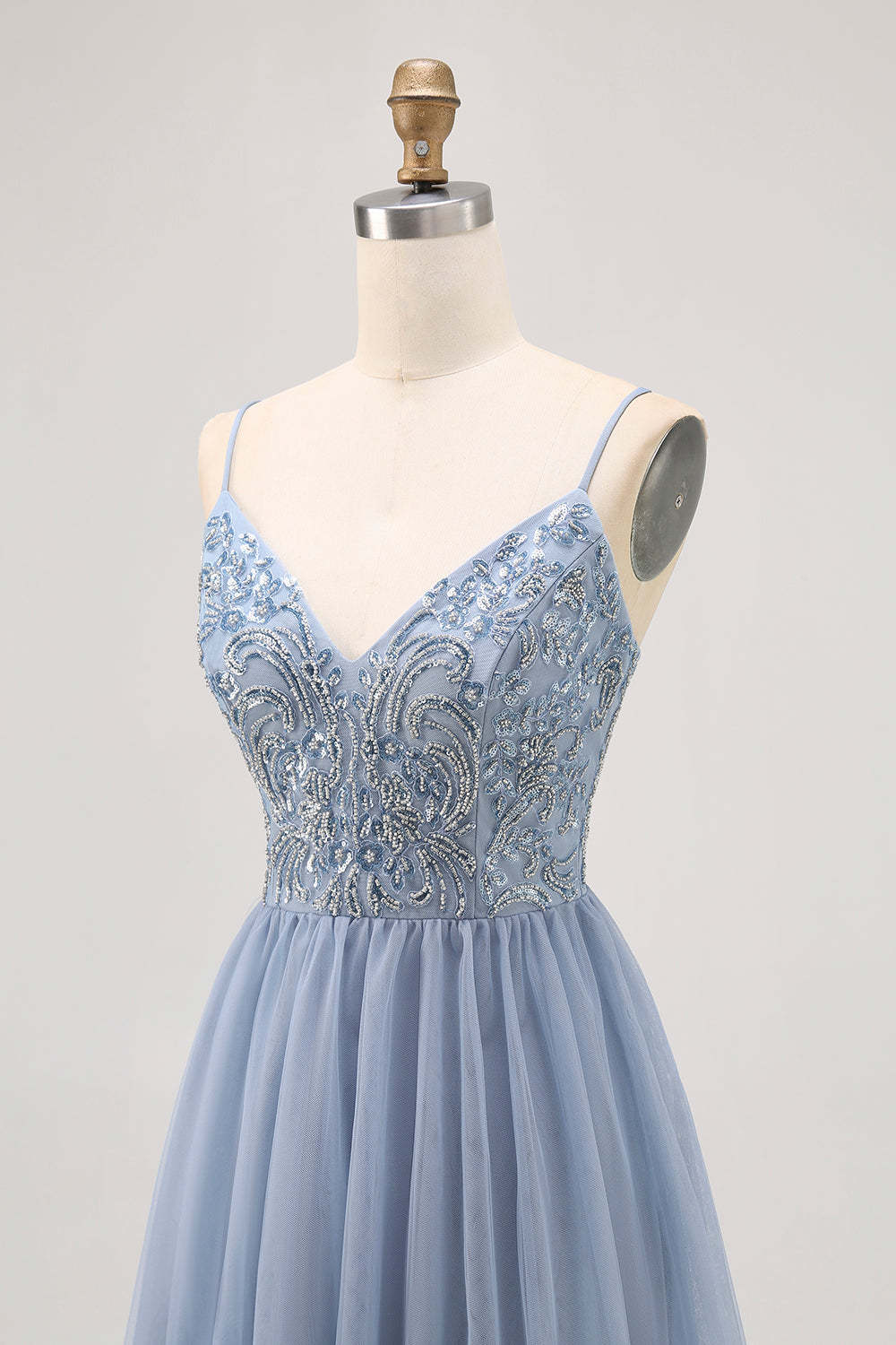 Sparkly Grey Blue Tulle A Line Pleated Short Homecoming Dress with Beading