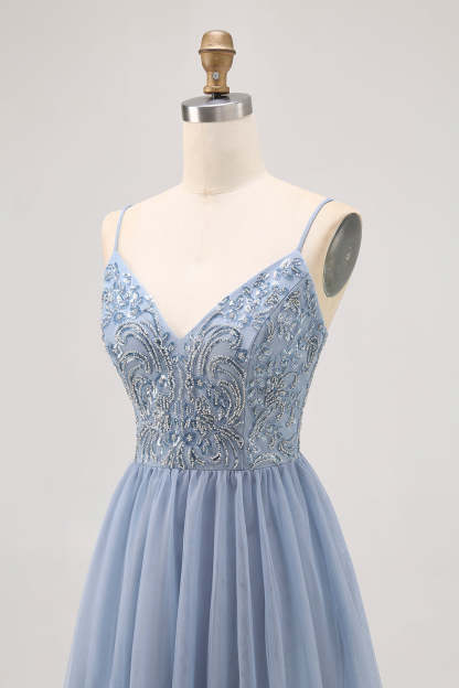 Sparkly Grey Blue Tulle A Line Pleated Short Homecoming Dress with Beading