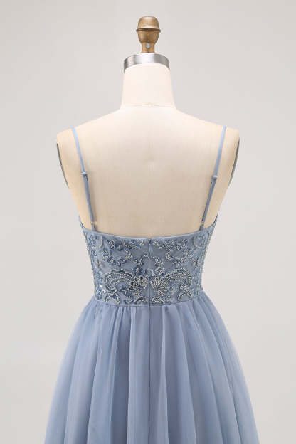 Sparkly Grey Blue Tulle A Line Pleated Short Homecoming Dress with Beading