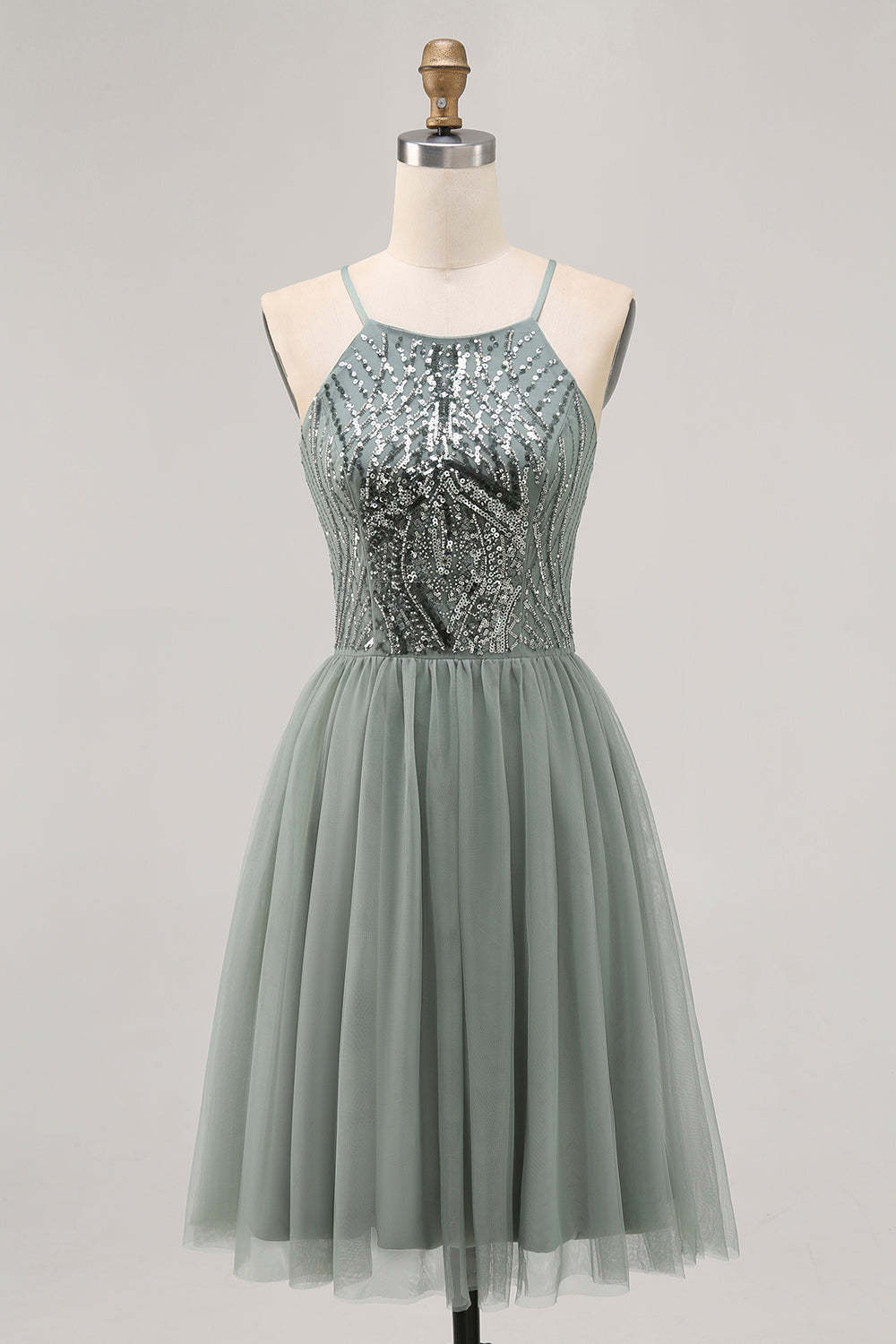 Leely Women Sparkly Grey Green Tulle Short Homecoming Dress Halter with Sequins Beaded A Line Cocktail Dress