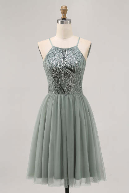 Leely Women Sparkly Grey Green Tulle Short Homecoming Dress Halter with Sequins Beaded A Line Cocktail Dress