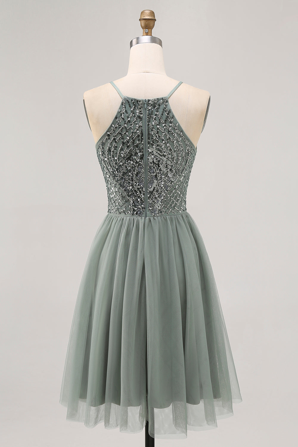 Sparkly Grey Green Tulle Halter Short Homecoming Dress with Sequins