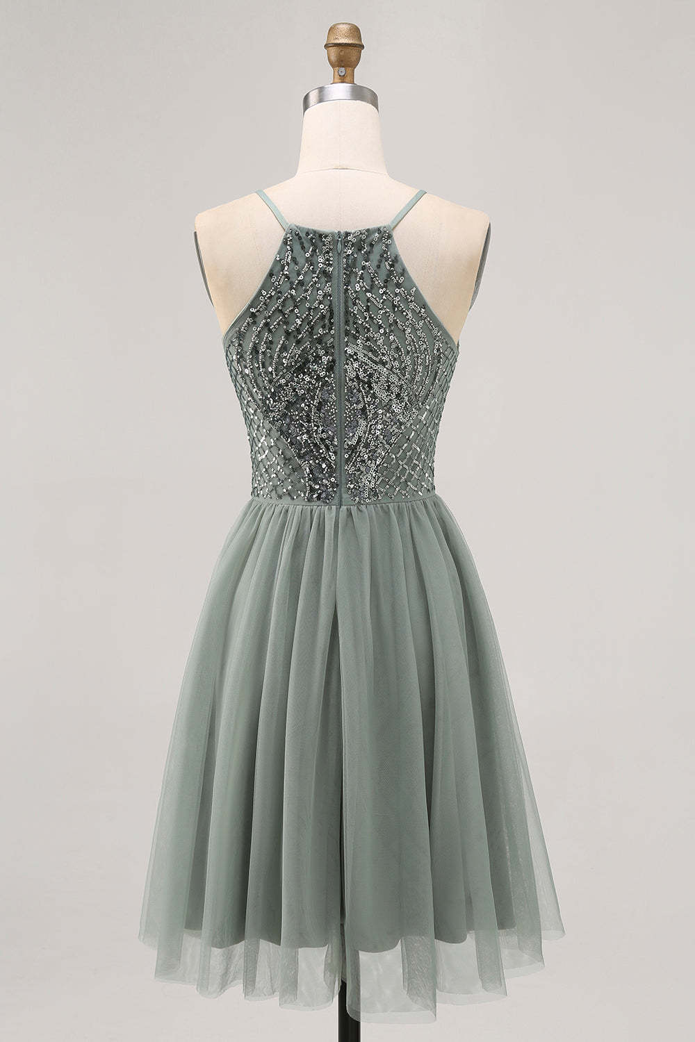 Sparkly Grey Green Tulle Halter Short Homecoming Dress with Sequins