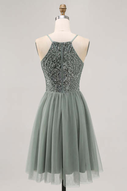 Sparkly Grey Green Tulle Halter Short Homecoming Dress with Sequins