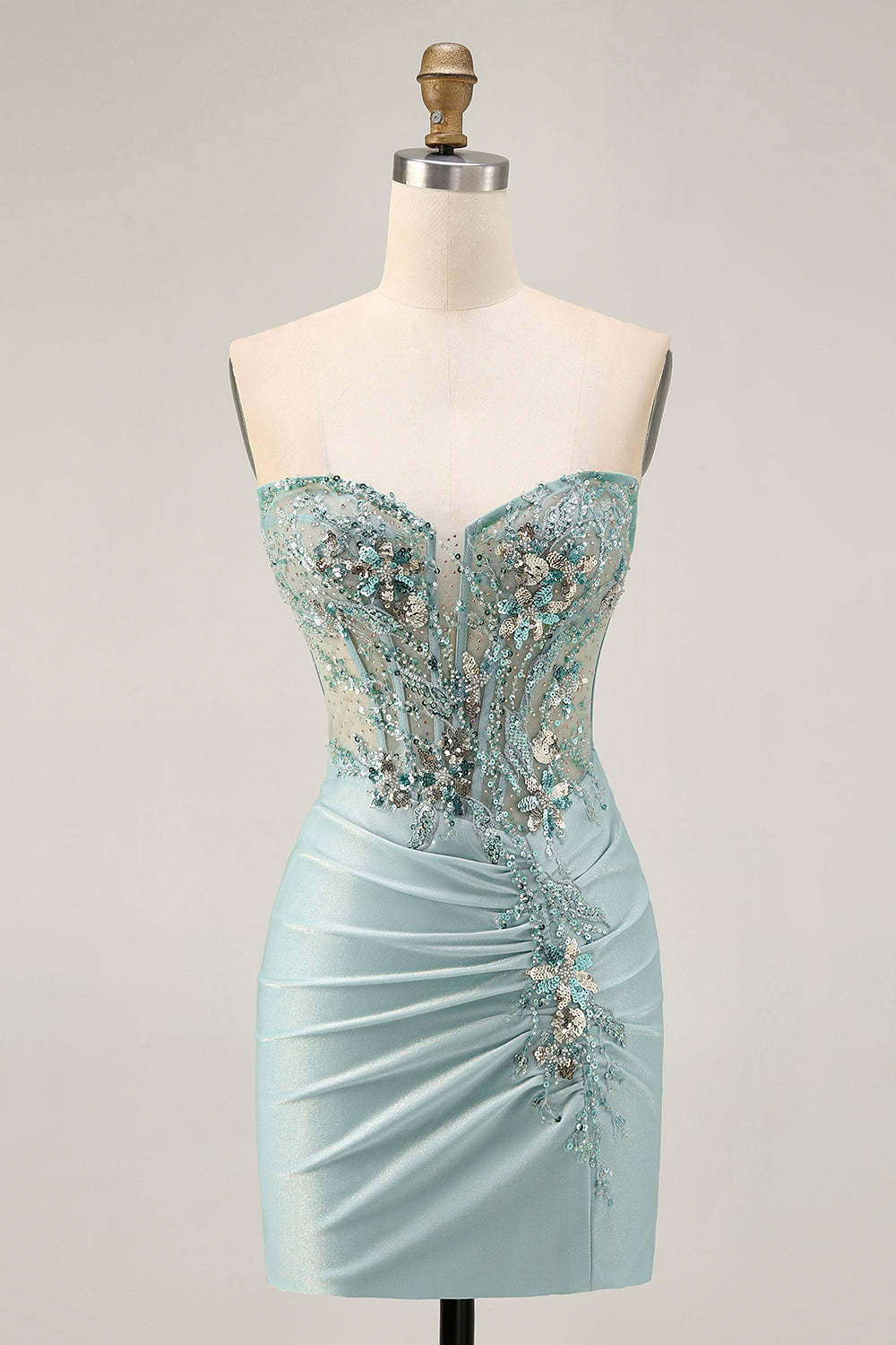 Sparkly Grey Green Ruched Corset Tight Short Homecoming Dress with Beading