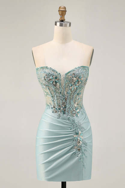 Sparkly Grey Green Ruched Corset Tight Short Homecoming Dress with Beading