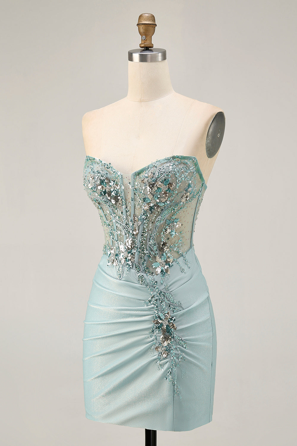 Sparkly Grey Green Ruched Corset Tight Short Homecoming Dress with Beading