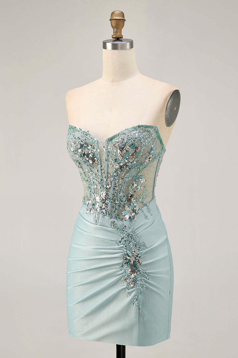 Sparkly Grey Green Ruched Corset Tight Short Homecoming Dress with Beading