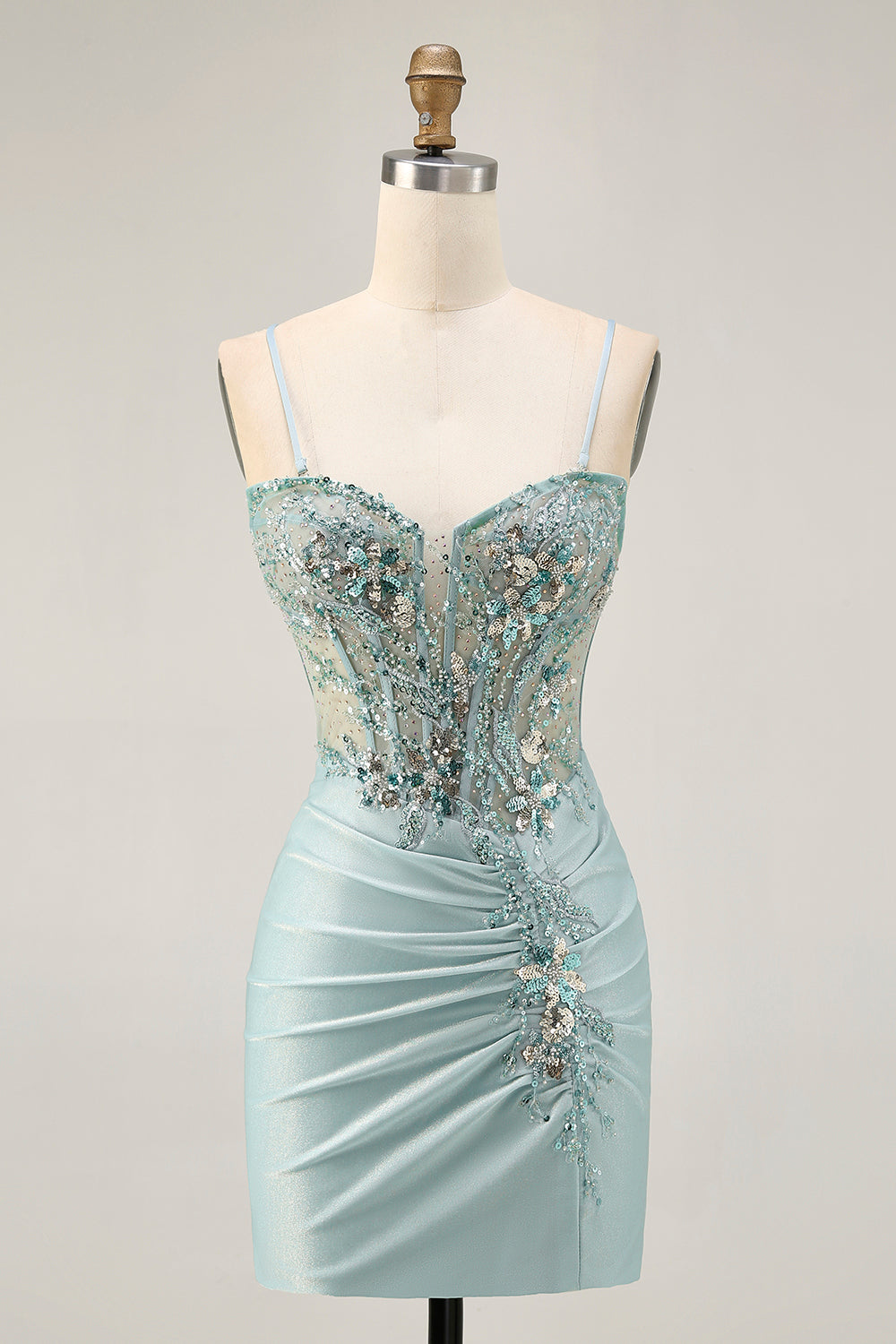 Sparkly Grey Green Ruched Corset Tight Short Homecoming Dress with Beading
