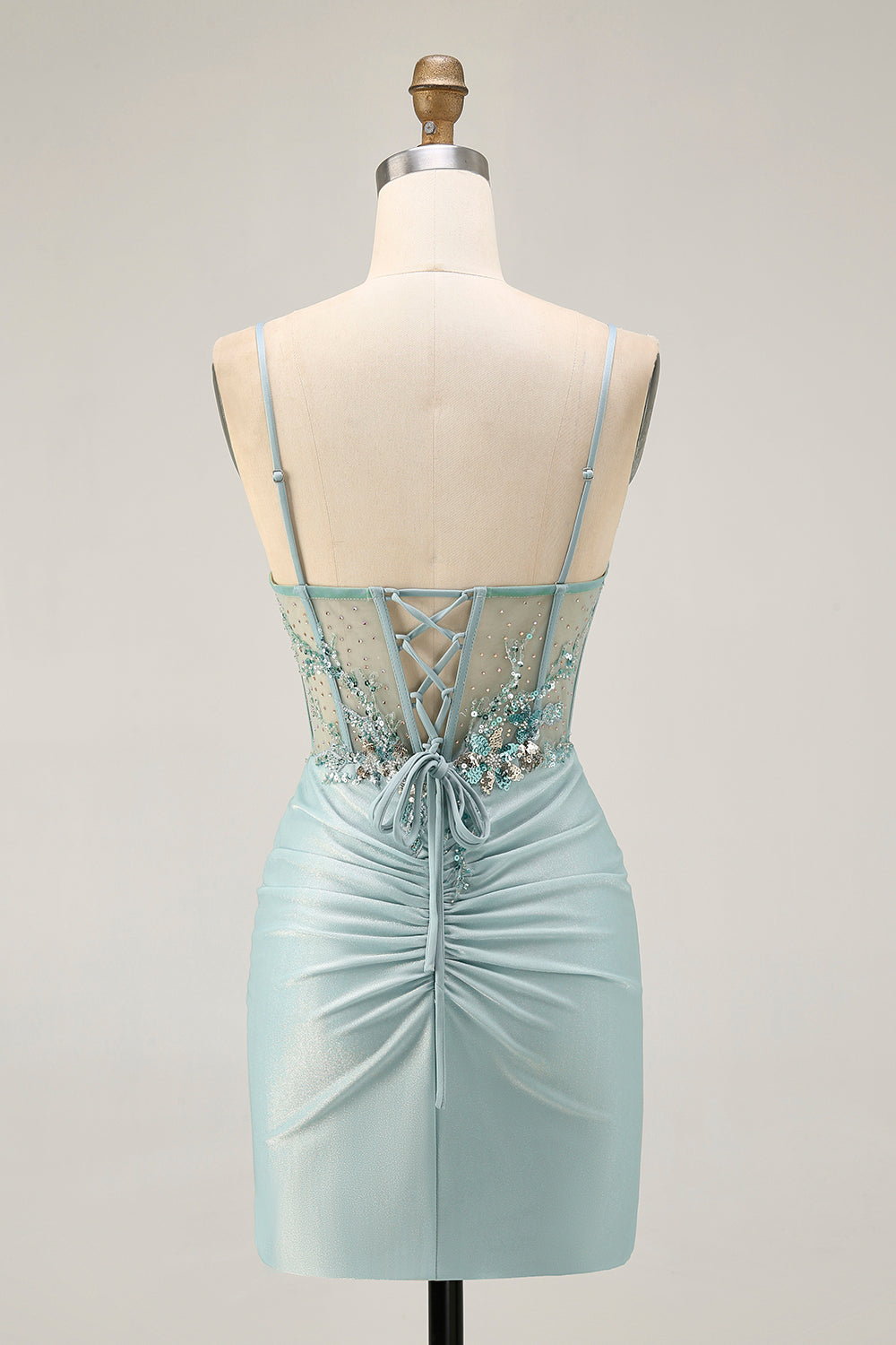 Sparkly Grey Green Ruched Corset Tight Short Homecoming Dress with Beading