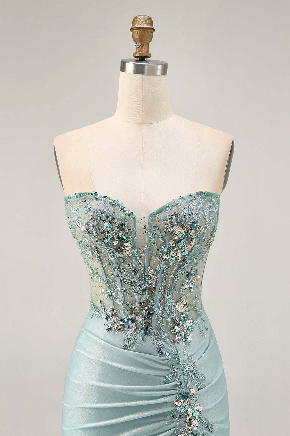Sparkly Grey Green Ruched Corset Tight Short Homecoming Dress with Beading