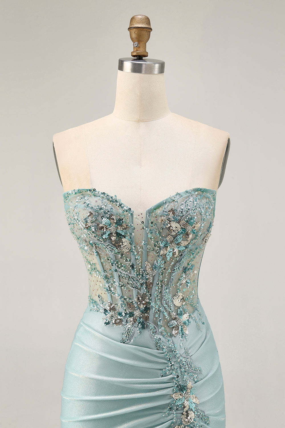 Sparkly Grey Green Ruched Corset Tight Short Homecoming Dress with Beading