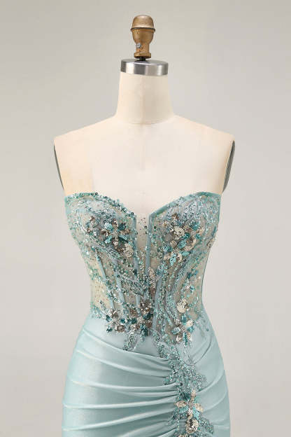 Sparkly Grey Green Ruched Corset Tight Short Homecoming Dress with Beading