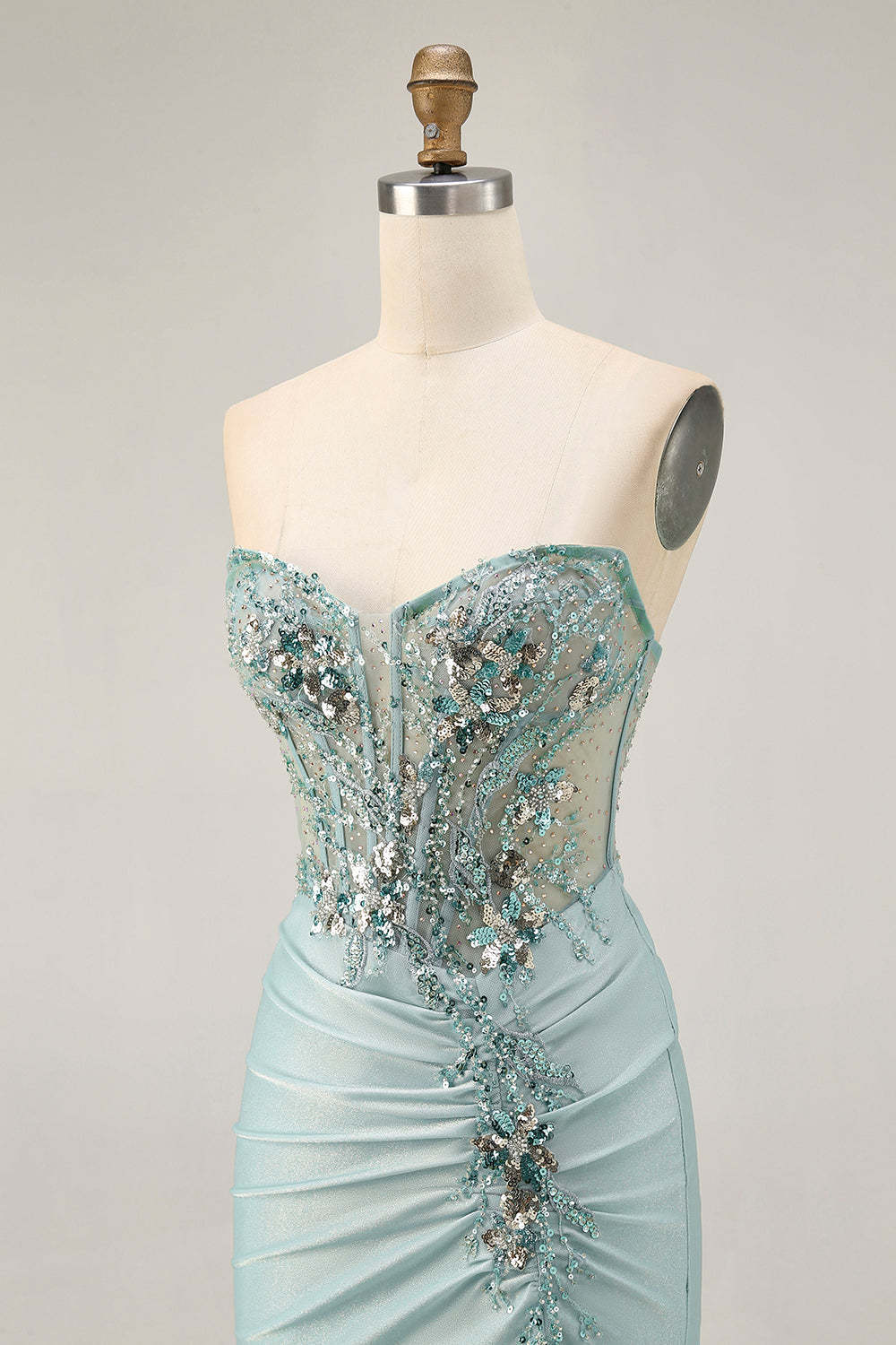 Sparkly Grey Green Ruched Corset Tight Short Homecoming Dress with Beading