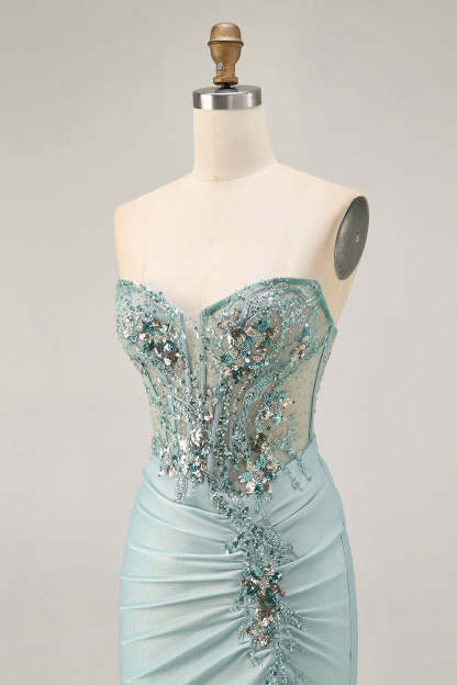 Sparkly Grey Green Ruched Corset Tight Short Homecoming Dress with Beading