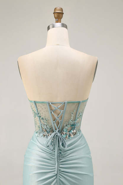 Sparkly Grey Green Ruched Corset Tight Short Homecoming Dress with Beading