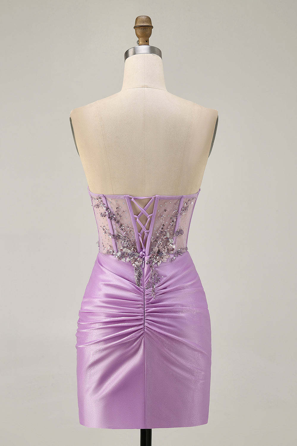Sparkly Lilac Corset Tight Ruched Short Homecoming Dress with Beading