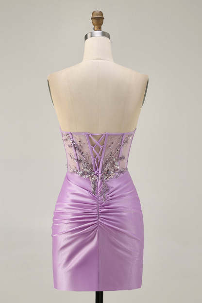 Sparkly Lilac Corset Tight Ruched Short Homecoming Dress with Beading